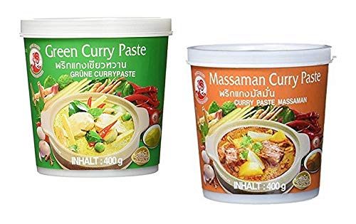 Cock Brand - Probierset Currypasten - 2er Pack (2 x 400g) - 2 Sorten, je 1 Dose Grün, Massaman Currypaste von Cock