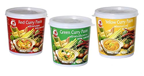 Cock Brand - Probierset Currypasten - 3er Pack (3 x 400g) - 3 Sorten, je 1 Dose Rote, Grüne, Gelbe Currypaste von Cock