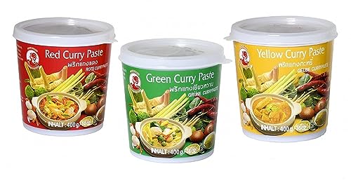 Cock Brand - Probierset Currypasten - 3er Pack (3 x 400g) - 3 Sorten, je 1 Dose Rote, Grüne, Gelbe Currypaste von Cock