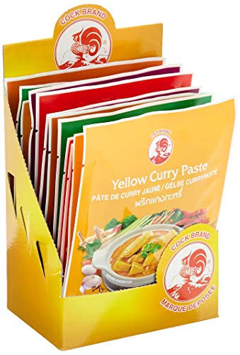 Cock Currypaste Mischkarton, 3x gelb, 3x rot, 2x grün, 2x Matsaman, 2x Panang, authentisch thailändisch kochen, natürliche Zutaten, halal, vegan und glutenfrei (12 x 50 g) von Cock
