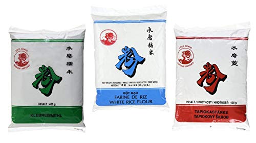 Cock Klebereismehl + Reismehl weiß +Tapiokastärke je 400g, zur Herstellung vieler asiatischer Spezialitäten (3x400g) von Cock