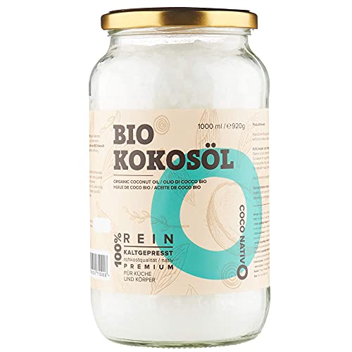 Bio Kokosöl CocoNativo - 1000mL (1L) - Bio Kokosfett, Kokosnussöl, Premium, Nativ, Kaltgepresst, Rohkostqualität, Rein (1000ml) - zum Kochen, Braten und Backen, für Haare und Haut von CocoNativo