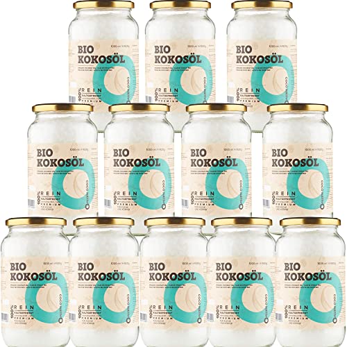 Bio Kokosöl CocoNativo - 12 x 1000mL (1L) - Bio Kokosfett, Kokosnussöl, Premium, Nativ, Kaltgepresst, Rohkostqualität, Rein (12 Liter) - zum Kochen, Braten und Backen, für Haare und Haut von CocoNativo