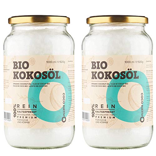 Bio Kokosöl CocoNativo - 2x1000mL(1L) - Bio Kokosfett, Kokosnussöl, Premium, Nativ, Kaltgepresst, Rohkostqualität, Rein zum Kochen, Braten und Backen, für Haare und Haut von CocoNativo