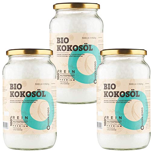 Bio Kokosöl CocoNativo -3x1000mL(1L)- Bio Kokosfett, Kokosnussöl, Premium, Nativ, Kaltgepresst, Rohkostqualität, Rein - zum Kochen, Braten und Backen, für Haare und Haut (3x1000ml Schraubglas) von CocoNativo
