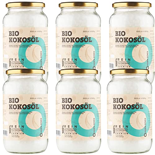 Bio Kokosöl CocoNativo -6x1000mL (6L) 6er Pack - Bio Kokosfett, Kokosnussöl, Premium, Nativ, Kaltgepresst, Rohkostqualität, Rein - zum Kochen, Braten und Backen, für Haare und Haut (6 x 1000ml) von CocoNativo