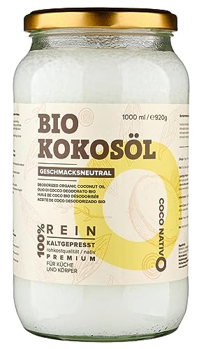 Kokosöl Bio CocoNativo Geschmacksneutral (desodoriert) - Coconut oil 1000mL (1L) - Bio Kokosfett, Kokosnussöl, Premium, Nativ, Kaltgepresst, Rohkostqualität - zum Kochen und Backen, für Haare und Haut von CocoNativo