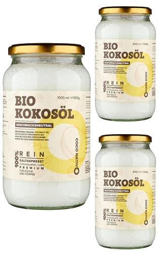 Kokosöl Bio CocoNativo Geschmacksneutral (desodoriert) - Coconut oil 3x1000mL (3x1L) - Bio Kokosfett, Kokosnussöl, Nativ, Kaltgepresst, Rohkostqualität - zum Kochen und Backen, für Haare und Haut von CocoNativo