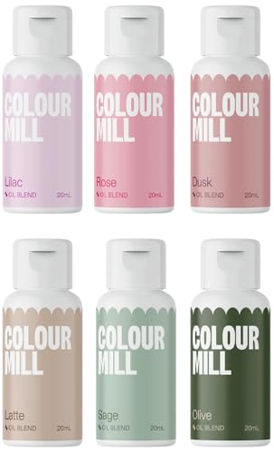 Colour Mill Oil Blend Set Botanical Lebensmittelfarben auf Ölbasis - Lebensmittelfarben: Purplec, Rose, Dusk, Latte, Sage, Olive - Food Coloring für Tortendeko - Set/6 von Colour Mill