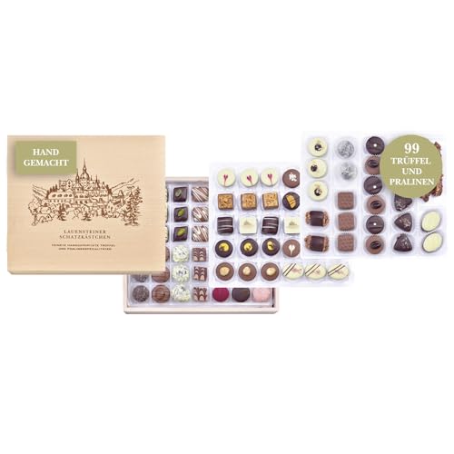 Lauensteiner Schatzkästchen 1250g | 99 handgefertigte Trüffel & Pralinen in Holzbox | 34-fach sortiert, mit Alkohol | Geschenk für Männer und Frauen von Lauenstein Confiserie