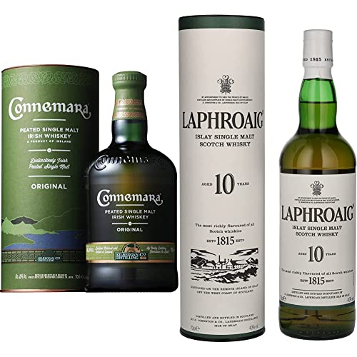 Connemara Original getorfter Single Malt Irish Whiskey, mit Geschenkverpackung, mit rauchigen Aromen, 40% Vol, 1 x 0,7l & Laphroaig 10 Jahre Islay Single Malt Scotch Whisky, 40% Vol, 1 x 0,7l von Connemara