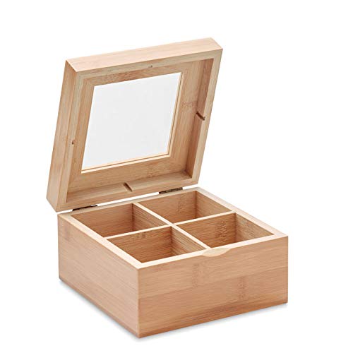 Bambus Teebox mit Glasdeckel, 4 Fächer für 24 Teebeutel, 14 x 14 x 7,5 cm Bambus Teebox mit Glasdeckel, 4 Fächer für 24 Teebeutel, 14 x 14 x 7,5 cm von Conny Clever
