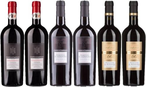 6 er Probierpaket Conte di Campiano | 2 Fl.Appassimento |2 Fl. Primitivo di Manduria |2 Fl. Primitivo di Manduria Riserva (6 x 0,75 L.) von Conte di Campiano