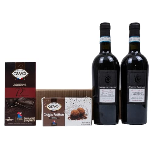 The Wine Guys Conte di Campiano "DOPPIO BENE" Präsentkorb mit Rotwein, Schokolade Trüffel und Zartbitterschokolade | 2 × 750 ml | 4 Stück (1er Pack) | Verpackung kann abweichen von The Wine Guys