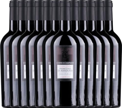 VINELLO 12er Weinpaket - Primitivo di Manduria 2020 - Conte di Campiano mit einem VINELLO.weinausgießer | 12 x 0,75 Liter von Conte di Campiano