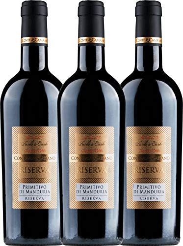 VINELLO 3er Weinpaket Primitivo - Primitivo di Manduria Riserva 2017 - Conte di Campiano mit einem VINELLO.weinausgießer | halbtrockener Rotwein | italienischer Wein aus Apulien | 3 x 0,75 Liter von Conte di Campiano