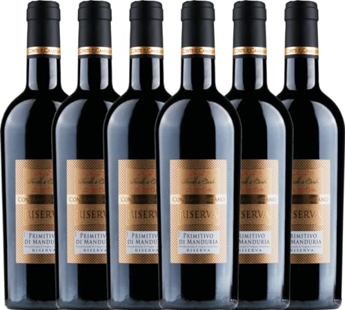 VINELLO 6er Weinpaket Primitivo - Primitivo di Manduria Riserva 2019 - Conte di Campiano mit VINELLO.weinausgießer | 6 x 0,75 Liter von Conte di Campiano
