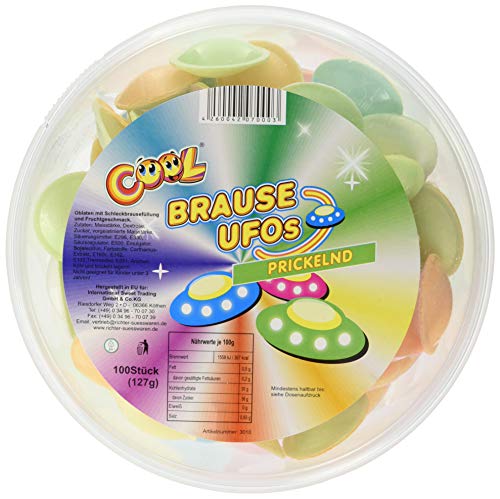 COOL Brause Ufos, 300 prickelnde Brause Ufos, kunterbunt aus Esspapier, kultige Retro-Süßigkeit für Kindergeburtstage, Frischhaltedose wiederverschließbar (1 x 381 g) von Cool