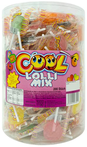 Cool Lolli Mix, 200 einzeln verpackte Lutscher, verschiedene Sorten, wiederverschließbare Dose, 1 kg Dose von Cool