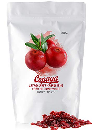 Copaya Cranberries gesüßt mit natürlichem Ananasdicksaft, ungeschwefelt und ungezuckert im Aromaschutzbeutel 1000g (1kg) von Copaya