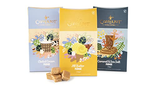 Copperpot ® | Cornish Fudge Geschenkbox | Butter Fudge, Gesalzenes Karamell & Clotted Cream | Glutenfrei & Vegetarisch | Hergestellt in Cornwall | Packung 3 Einheiten x 150 g von Copperpot