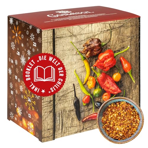 Corasol Premium Chili Adventskalender mit 24 geschroteten Chilisorten mit bis zu 1.5 Mio. Scoville, Geschenk-Idee für scharfe Männer (128 g) von Corasol