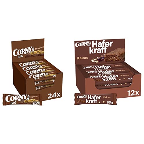 CORNY BIG Schoko, Müsliriegel mit Erdnüssen und Schokolade, 24 x 50 g & Haferkraft Kakao, Vollkorn Haferriegel vegan, 12 x 65g von Corny