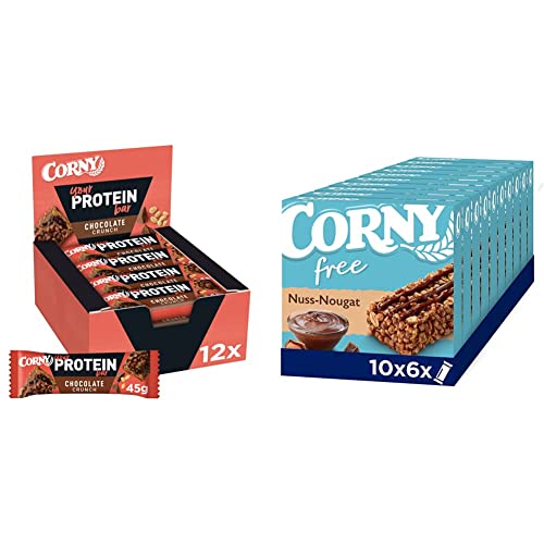 CORNY Protein-Riegel Chocolate Crunch, 30% Protein, ohne Zuckerzusatz, 12 x 45g & free Nuss-Nougat, Müsliriegel OHNE Zuckerzusatz, 10er Pack (10 x 120g) von Corny