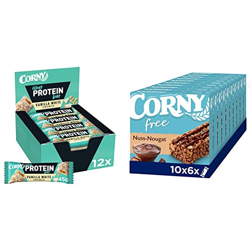 CORNY Protein-Riegel Vanilla White Crunch, 30% Protein, ohne Zuckerzusatz, 12 x 45g & free Nuss-Nougat, Müsliriegel OHNE Zuckerzusatz, 10er Pack (10 x 120g) von Corny