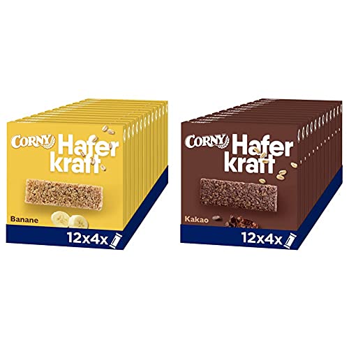 Corny Haferkraft Banane, Haferriegel, 12er Pack (12 x 140g Schachtel mit je 4 Riegeln) & Haferkraft Kakao, 12er Pack (12 x 140g Schachtel mit je 4 Riegeln) von Corny