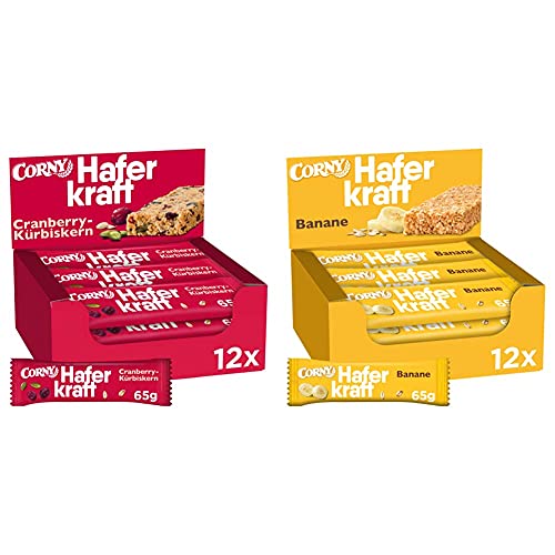 Corny Haferkraft Cranberry-Kürbiskern, 12er Pack (12 x 65 g) & Haferkraft Banane, Haferriegel, 12er Pack (12 x 65g Riegel) von Corny