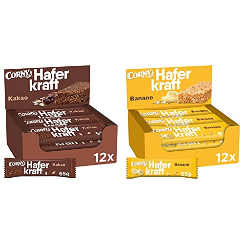 Corny Haferkraft Kakao, 12er Pack (12 x 65 g) & Haferkraft Banane, Haferriegel, 12er Pack (12 x 65g Riegel) von Corny