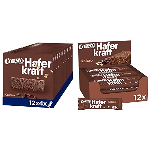 Corny Haferkraft Kakao, Haferriegel, 12er Pack (12 x 140g Schachtel) & Haferkraft Kakao - Vollkorn Haferriegel vegan - 12 x 65g von Corny