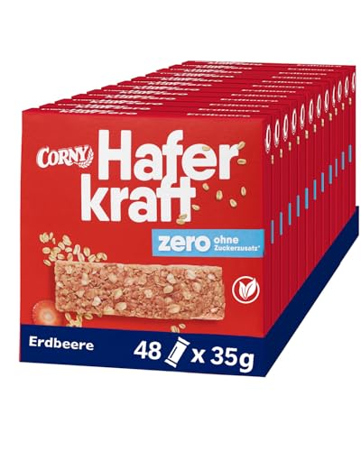 Haferriegel Corny Haferkraft Zero Erdbeere, ohne Zuckerzusatz, 118 kcal pro Riegel, vegan, 48x35g von Corny