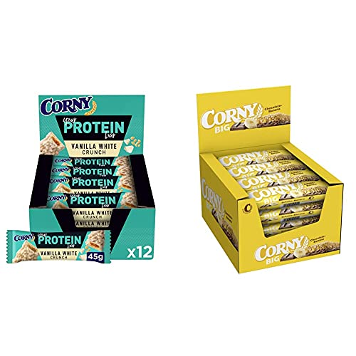 Corny Your Protein Vanilla White Crunch, Eiweiß-Riegel mit 30 Prozent Protein, ohne Zuckerzusatz, 12er Pack (12 x 45g) & Big Schoko-Banane, Müsliriegel, 24er Pack (24 x 50g) von Corny