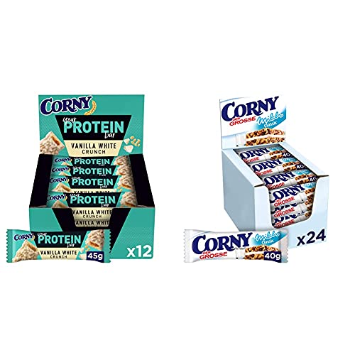 Corny Your Protein Vanilla White Crunch, Eiweiß-Riegel mit 30 Prozent Protein, ohne Zuckerzusatz, 12er Pack (12 x 45g) & Milch Classic DER GROSSE, Milchsandwich, 24er Pack (24 x 40g) von Corny