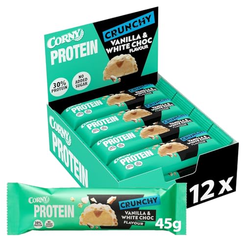 Corny Protein Crunchy Vanilla & White Choc Flavor, 30% Protein, Eiweißriegel ohne Zuckerzusatz, Großpackung 12x45g von Corny