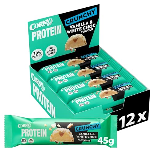 Protein Riegel Corny Vanilla White Crunch, 30% Protein, Eiweißriegel ohne Zuckerzusatz, Großpackung 12x45g von Corny