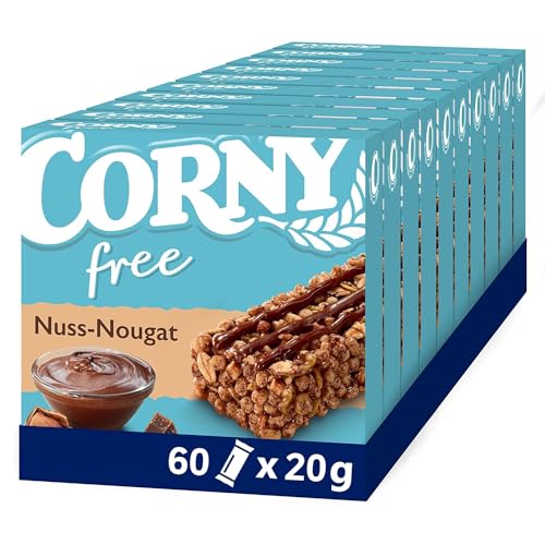 Corny free Nuss-Nougat, Müsliriegel OHNE Zuckerzusatz, 10er Pack (10 Schachteln mit je 6 Riegeln) von Corny