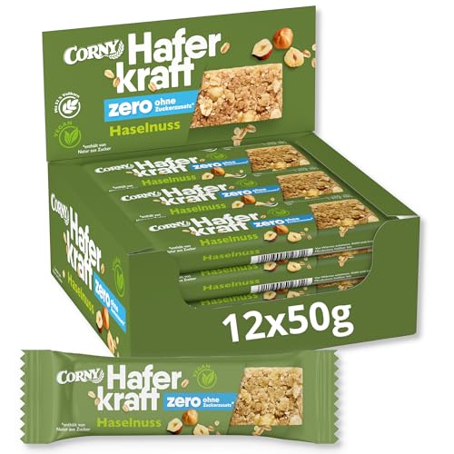 Haferriegel Corny Haferkraft Zero Haselnuss, Vollkorn & Vegan, Großpackung 12x50g von Corny