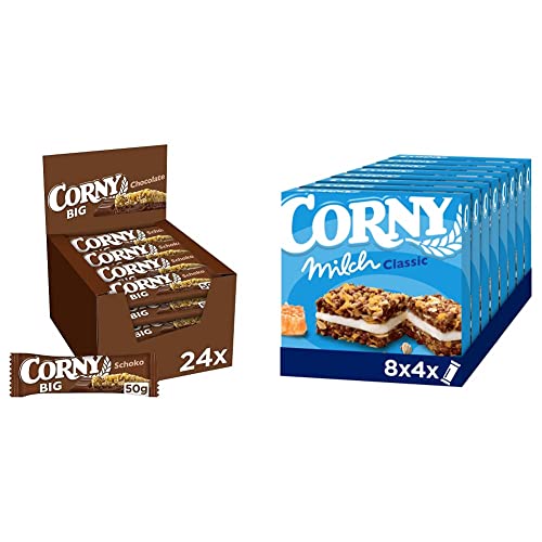 Müsliriegel Corny BIG Schoko, Müsliriegel mit Erdnüssen und Schokolade, 24x50g & Müsliriegel Corny Milch Classic, Milchsandwich mit Getreide und Milchcreme, 32x30g von Corny