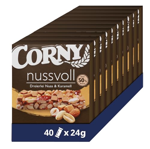 Nussriegel Corny Nussvoll Dreierlei Nuss und Karamell, mit Erdnuss, Mandel und Haselnuss, 40x24g Nussriegel Corny Nussvoll Dreierlei Nuss und Karamell, mit Erdnuss, Mandel und Haselnuss, 40x24g von Corny