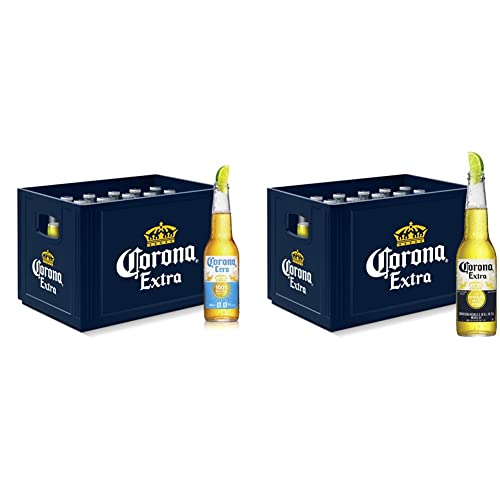 Corona Cero 0,0% Alkoholfrei Premium Lager Flaschenbier, 24er Kiste & Extra Premium Lager Flaschenbier, MEHRWEG im Kasten, Internationales Lager Bier, (24 x 0.355 l) von Corona