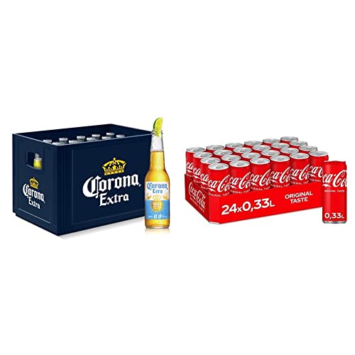 Corona Cero 0,0% Alkoholfrei Premium Lager Flaschenbier, MEHRWEG (24 x 0.355 l) im Kasten, mit 100% natürlichen Zutaten, 24er Kiste & Coca-Cola Classic, EINWEG Dose (24 x 330 ml) von Corona
