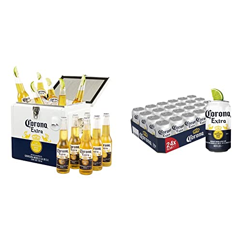 Corona Extra Coolbox - Kühltruhe mit 12 Flaschen internationales Premium Lagerbier, Geschenkpack, MEHRWEG Lager Bier Helles (12 x 0.355 l) & Extra Premium Lager Dosenbier, EINWEG, (24 X 0.33 l) von Corona