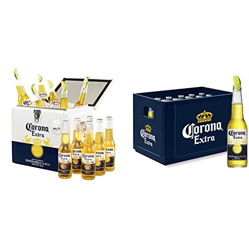 Corona Extra Coolbox - Kühltruhe mit 12 Flaschen internationales Premium Lagerbier (12 x 0.355 l) & Extra Premium Lager Flaschenbier, MEHRWEG im Kasten, Internationales Lager Bier, (24 x 0.355 l) von Corona