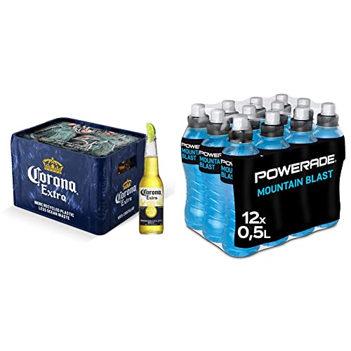 Corona Extra Premium Lager Flaschenbier, MEHRWEG im Kasten, 20er Kiste (20 x 0.355 l) & Powerade Sports Mountain Blast, Iso Drink mit Elektrolyten - EINWEG Flasche 500 ml(12er Pack) von Corona