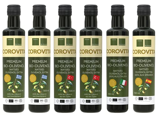 Corovita Mittelmeer Paket | 6er Pack | je 1 x 500ml Corovita Bio-Olivenöl aus Italien, Griechenland, Spanien, Türkei, Türkei/Griechenland und Kreta | Bio | natives Olivenöl extra | kaltgepresst von Corovita