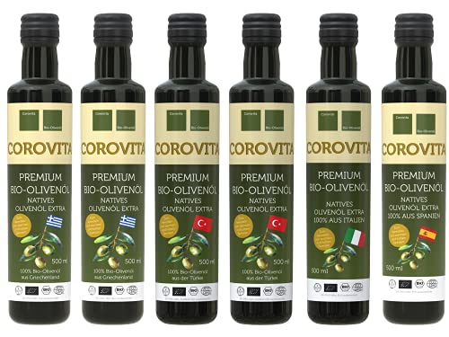 Corovita Mittelmeer Paket | 6er Pack | je 1 x 500ml Corovita Bio-Olivenöl aus Italien, Griechenland, Spanien, Türkei, Türkei/Griechenland und Kreta | Bio | natives Olivenöl extra | kaltgepresst Corovita Mittelmeer Paket | 6er Pack | je 1 x 500ml Corovita Bio-Olivenöl aus Italien, Griechenland, Spanien, Türkei, Türkei/Griechenland und Kreta | Bio | natives Olivenöl extra | kaltgepresst von Corovita