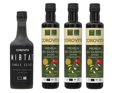 Corovita Türkei-Paket | 4 er Pack| je 1 x 500ml Corovita Mirtat und 3 x 500ml Corovita Bio-Olivenöl | Bio | natives Olivenöl extra | kaltgepresst | aus der Türkei Corovita Türkei-Paket | 4 er Pack| je 1 x 500ml Corovita Mirtat und 3 x 500ml Corovita Bio-Olivenöl | Bio | natives Olivenöl extra | kaltgepresst | aus der Türkei von Corovita